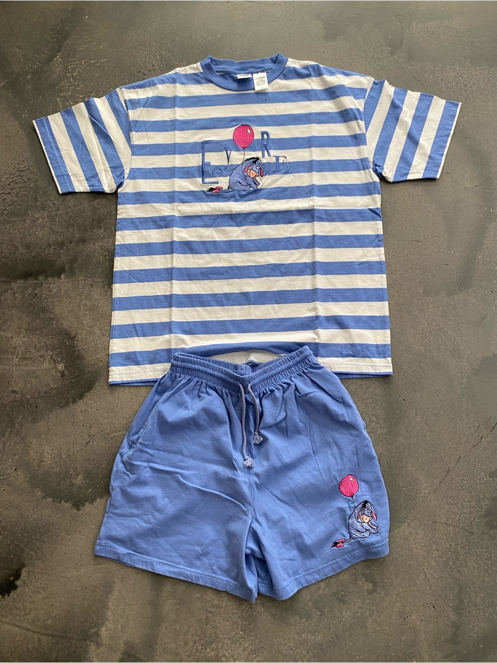 Set Vtg 90's Disney Store Eeyore Embroidered Blue White Striped  Shirt and Short